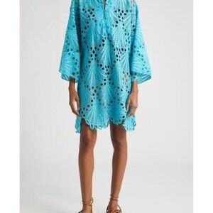 La Vie Style House Turquoise Shell Lace Mini Caftan Dress - Like New